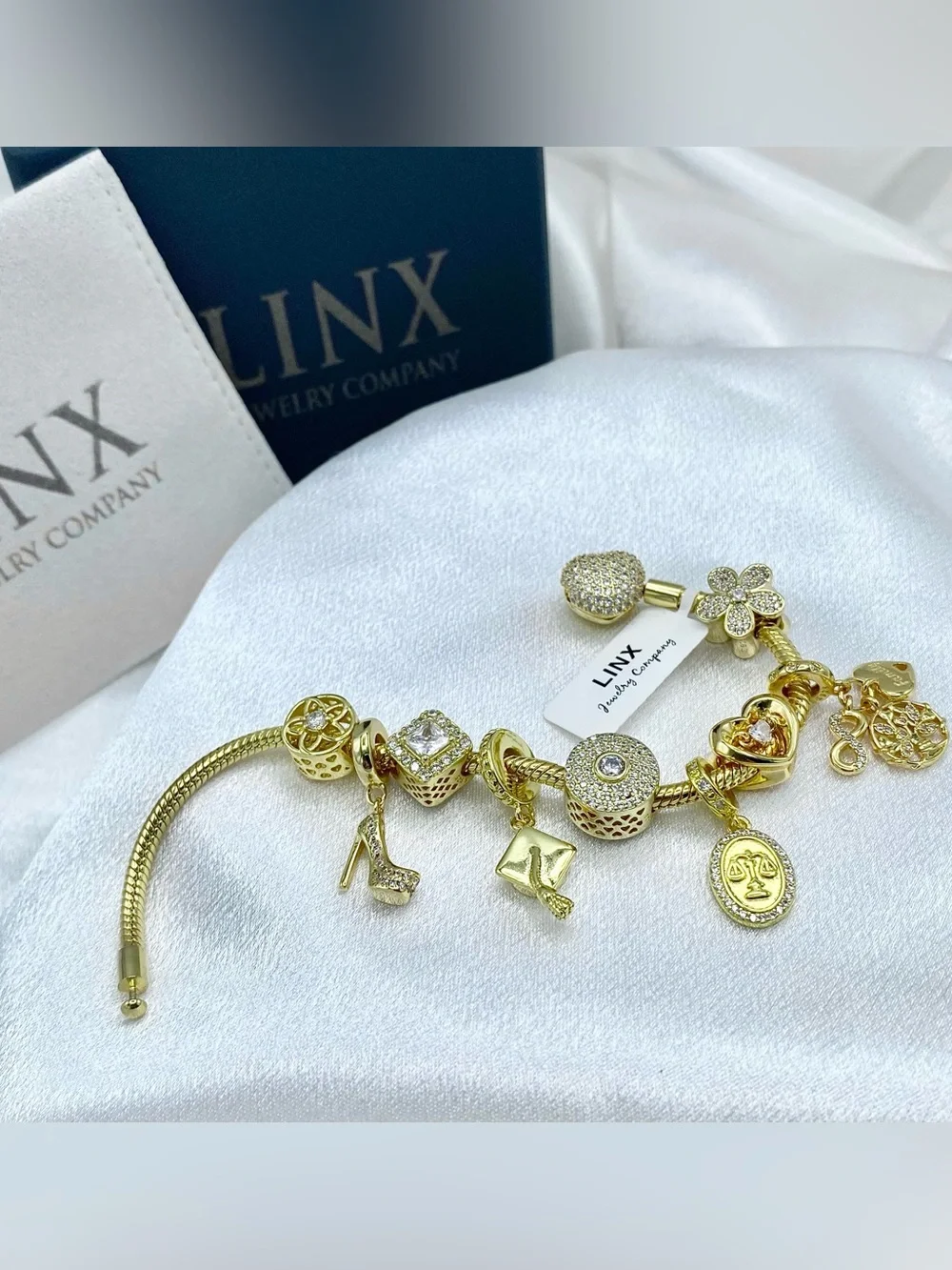 Linx Yellow Gold Snake Chain Charm Bracelet with Lawyer Themed Charms